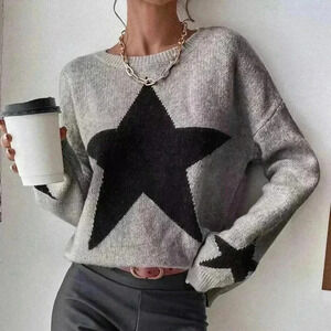 Grey Casual Women's Drop Shoulder Star Pattern Sweater